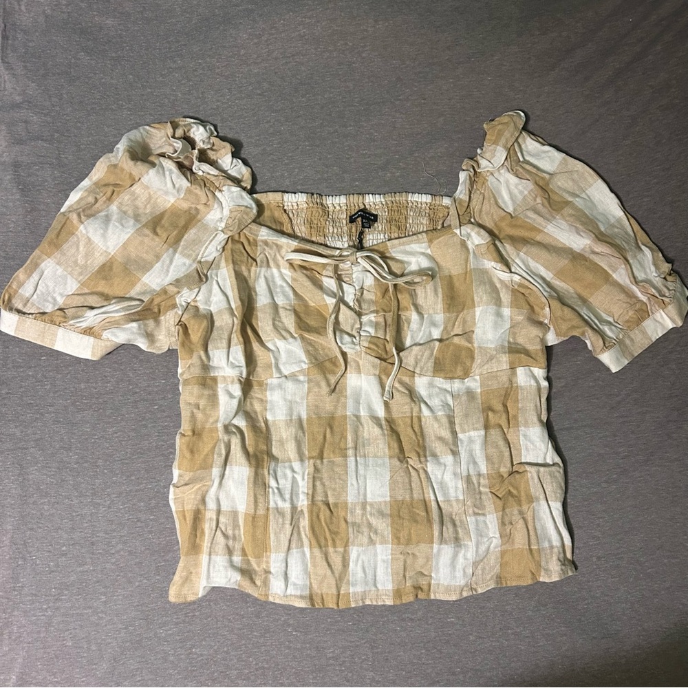 Who What Wear Buffalo Check Linen Short Sleeve Top